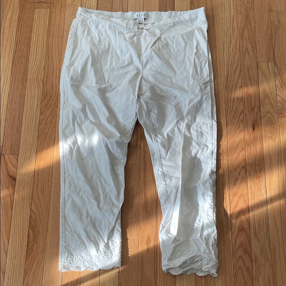 Elle Pants Womens XXL White Pull On White Embroidered Travel Minimalist Casual